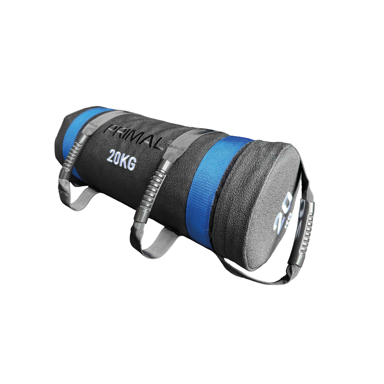 A black and blue 20kg sandbag with handles.