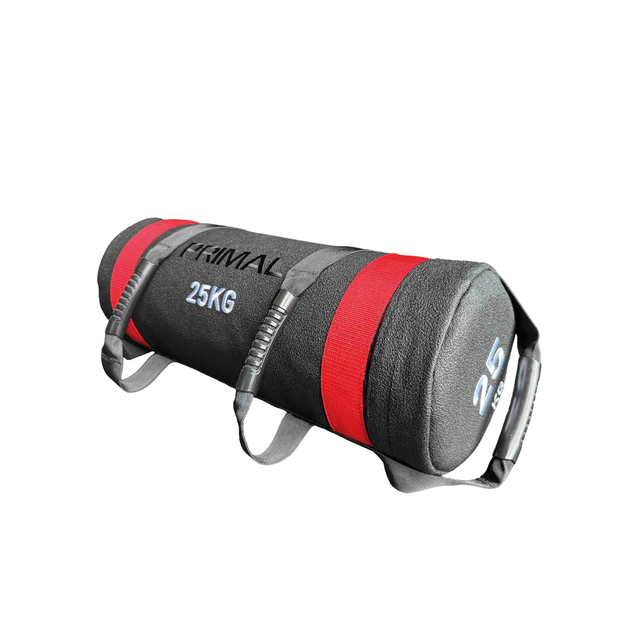 A black and red 25kg sandbag with handles.