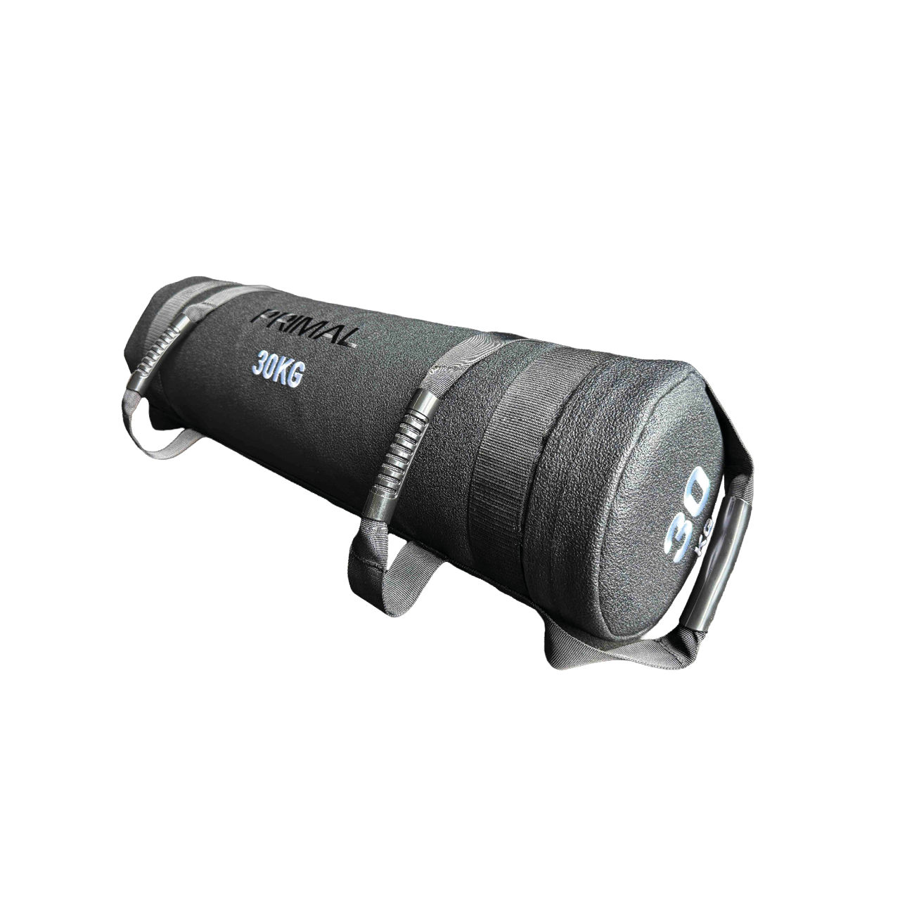 A black and grey 30kg sandbag with handles.