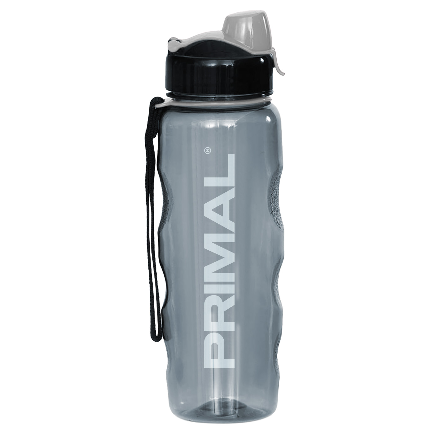 A gray Primal Pro Series 750ml water bottle with a flip-top lid and carry strap.