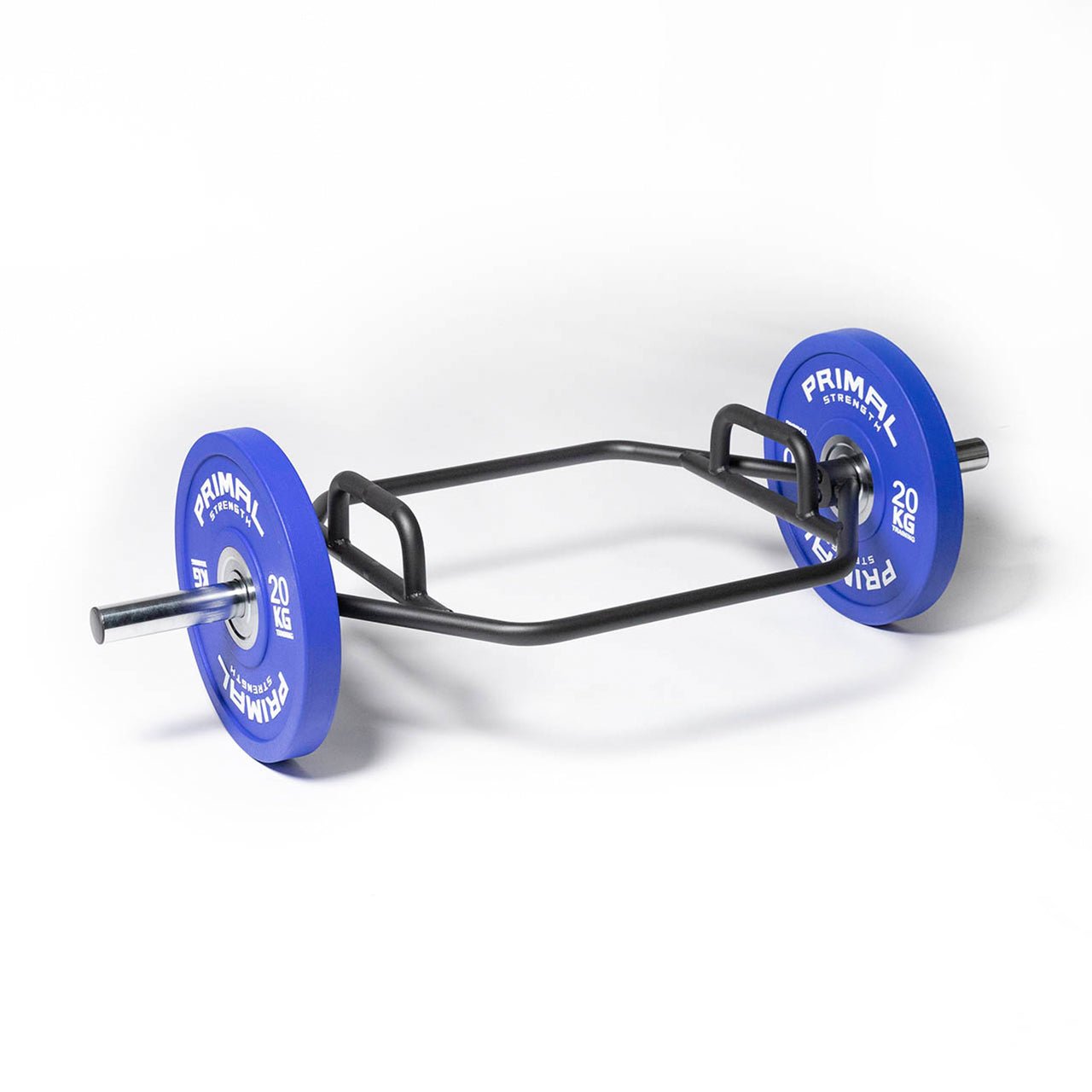 A hex barbell loaded with bumper plates.