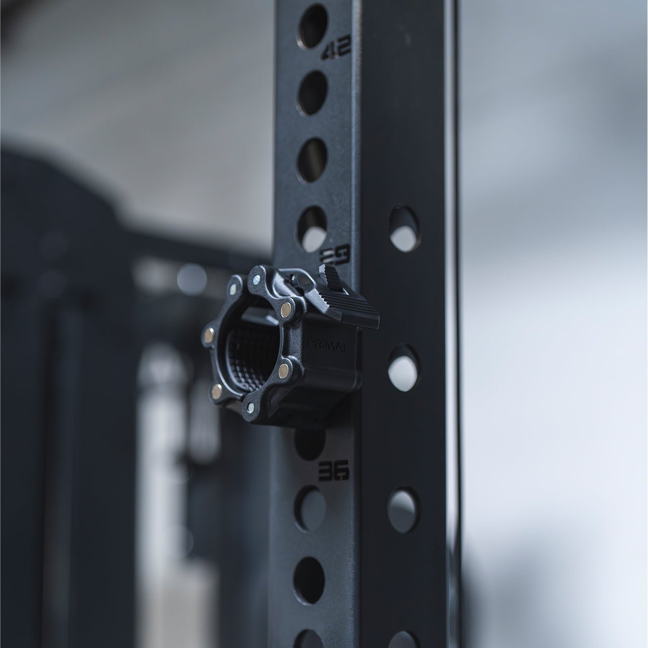A magnetic lockjaw collar stuck to a steel gym rack frame.