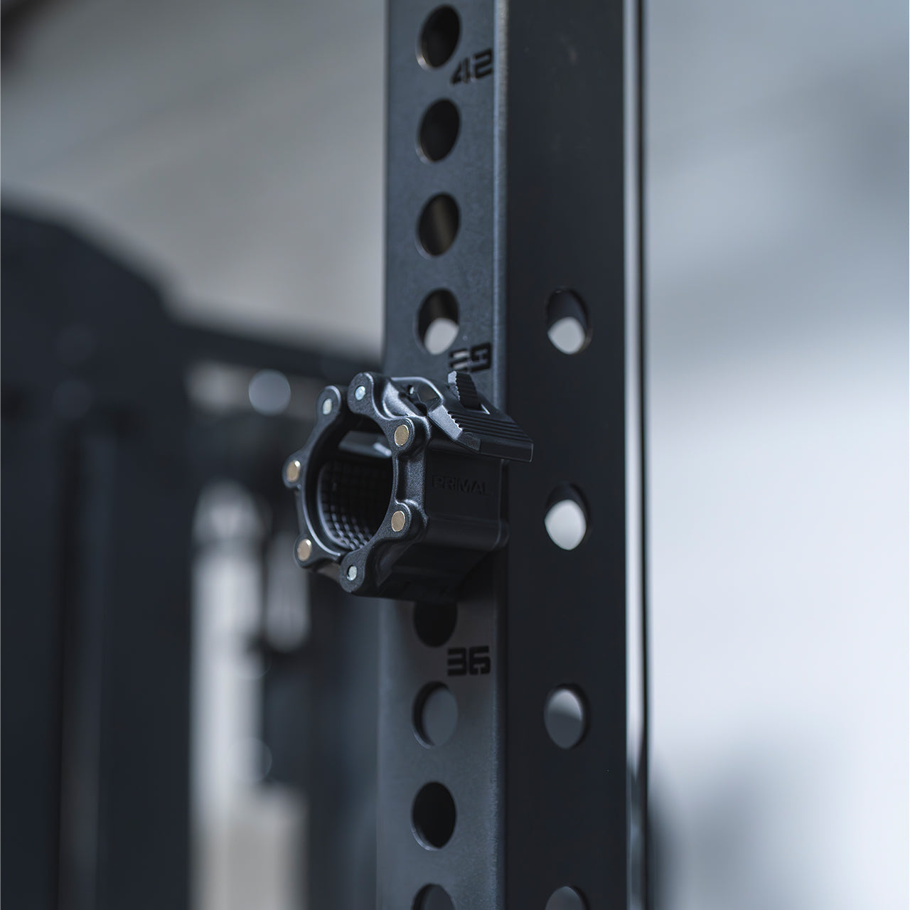 A magnetic lockjaw collar stuck to a steel gym rack frame.