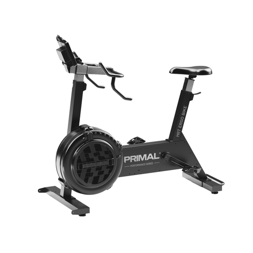 A spin bike with air powered resistance on a white background.