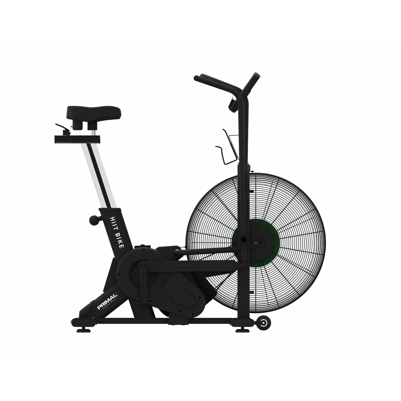 Black exercise bike with fan on a white background