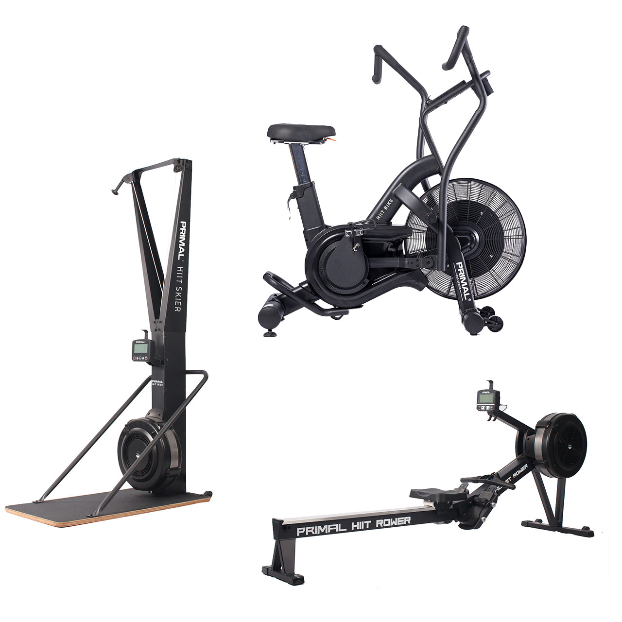 A skier cardio machine with a rowing machine and a spin air bike.