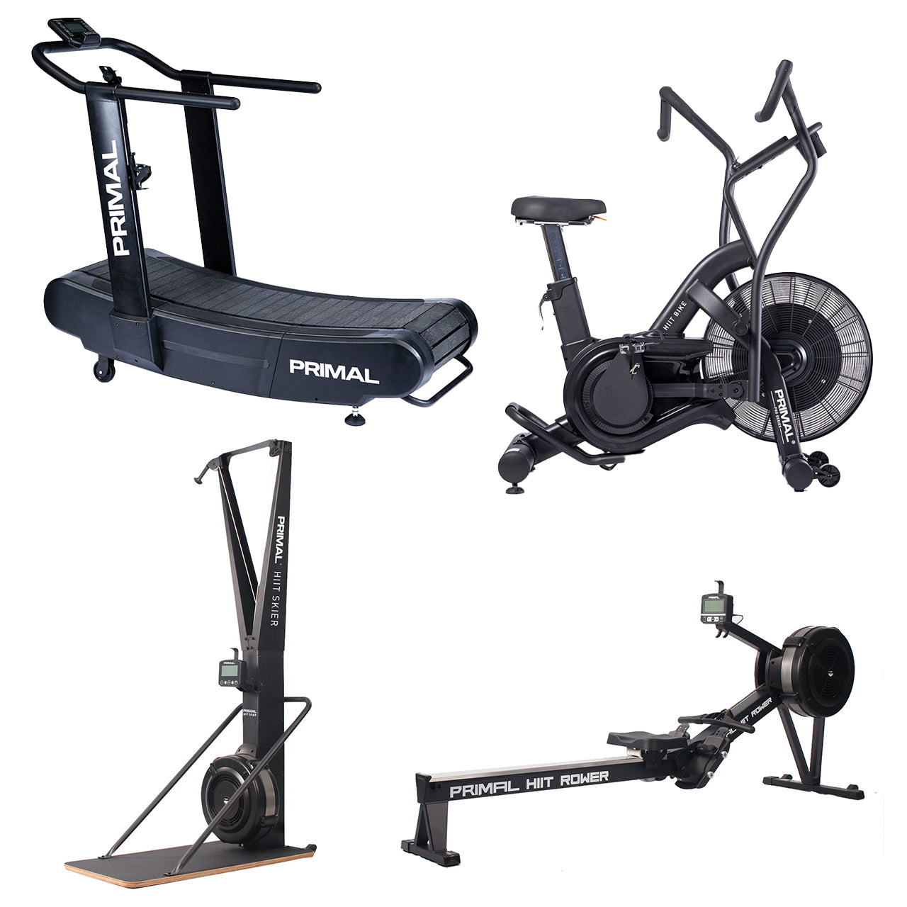 A skier cardio machine with a rowing machine, spin air bike and a curved treadmill.