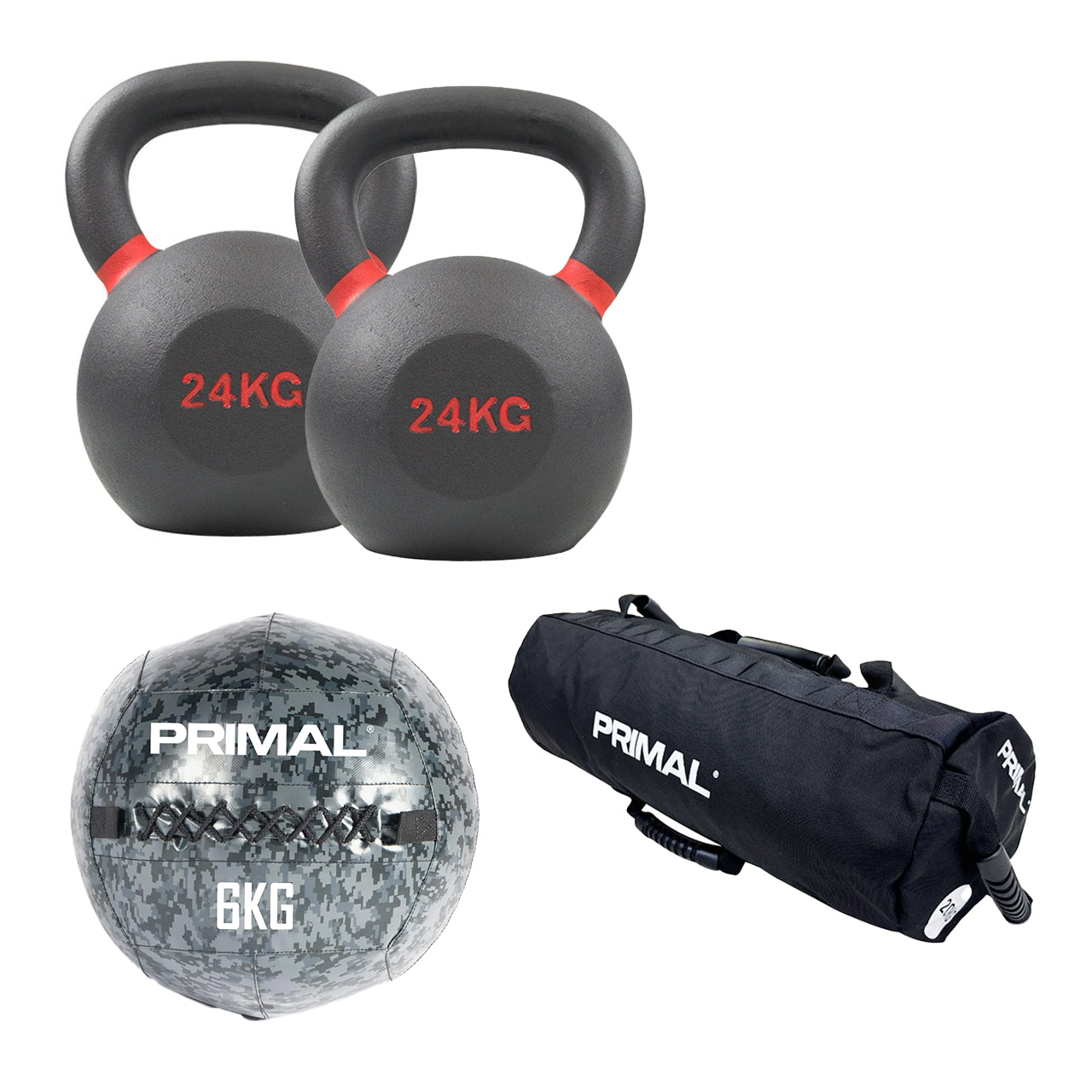 Two 24kg kettlebells, a 6kg wall ball, and a black competition style sandbag with 'Primal' branding on a white background.