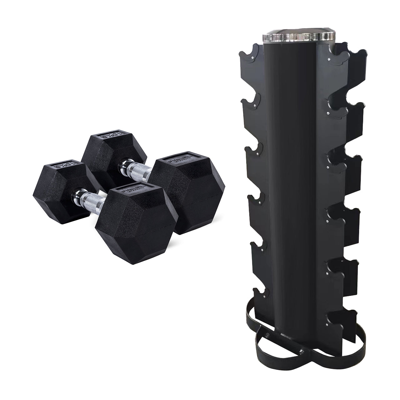 A hex dumbbell set with a 6-tier vertical dumbbell rack.