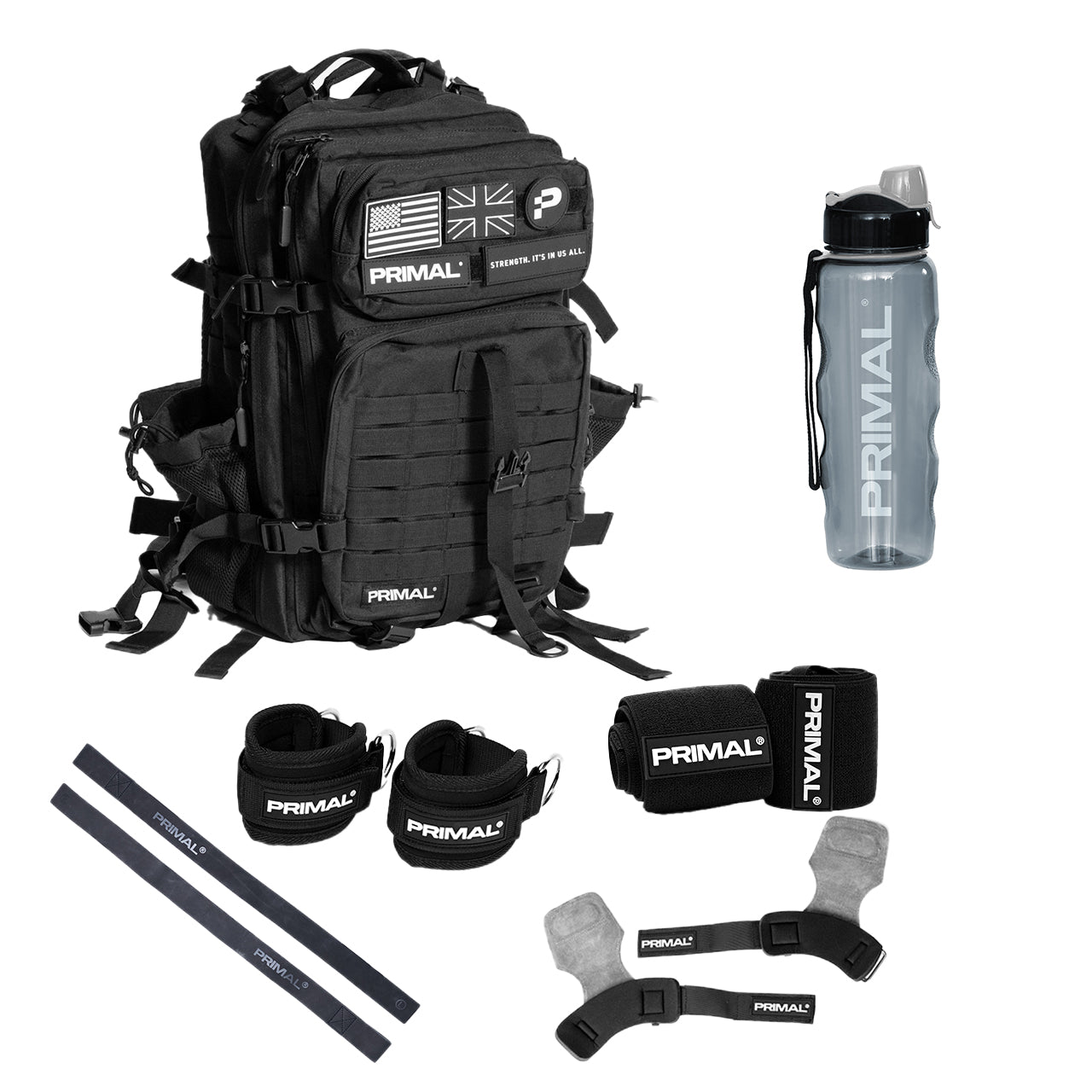 A fitness backpack with a variety of gym accessories.