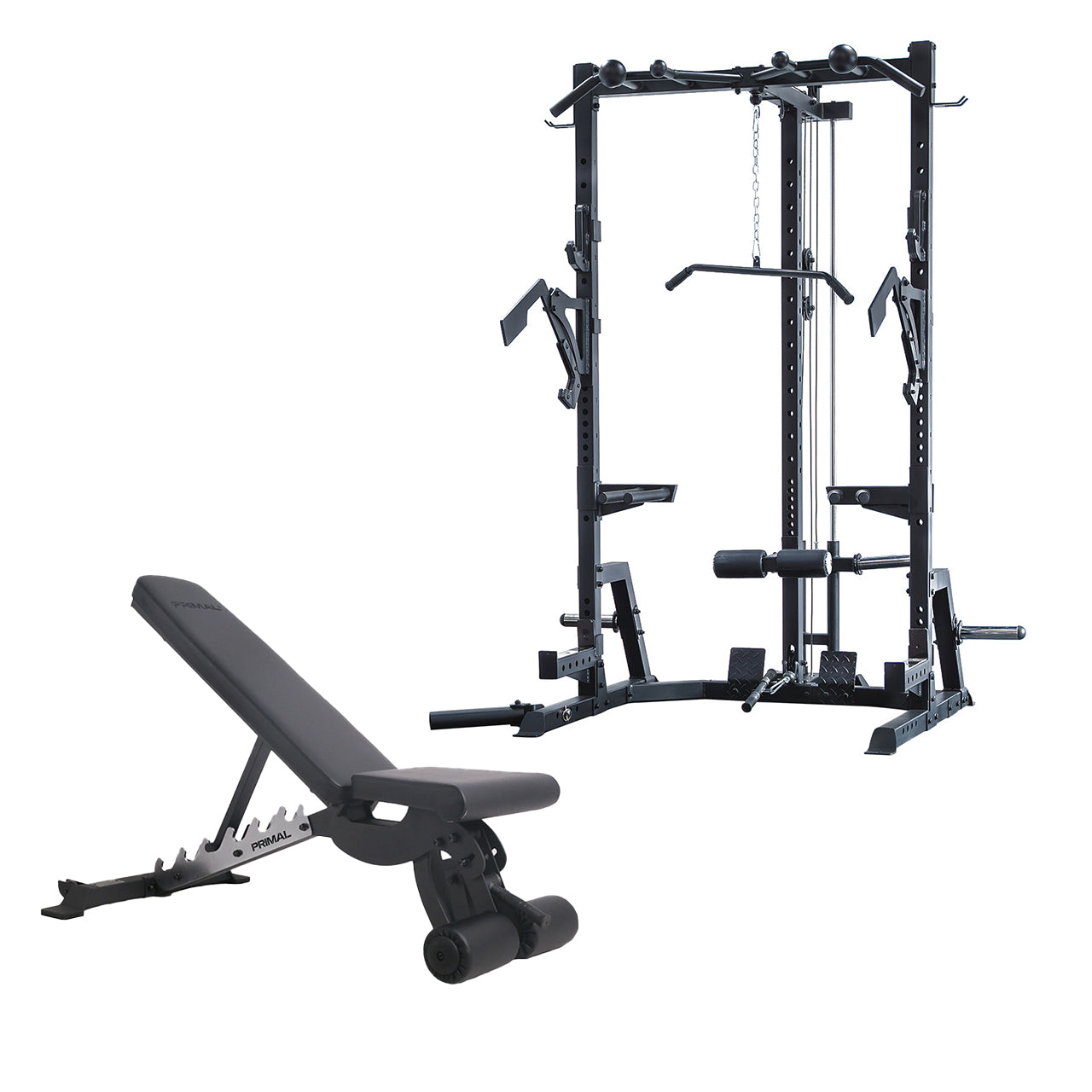 A home gym package containing a half gym rack and adjustable gym bench.