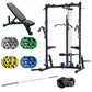 Collection of gym equipment including a weight bench, weight plates, barbell, and Smith machine on a white background.