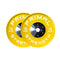 A 15kg pair of yellow rubber calibrated competition bumpers.