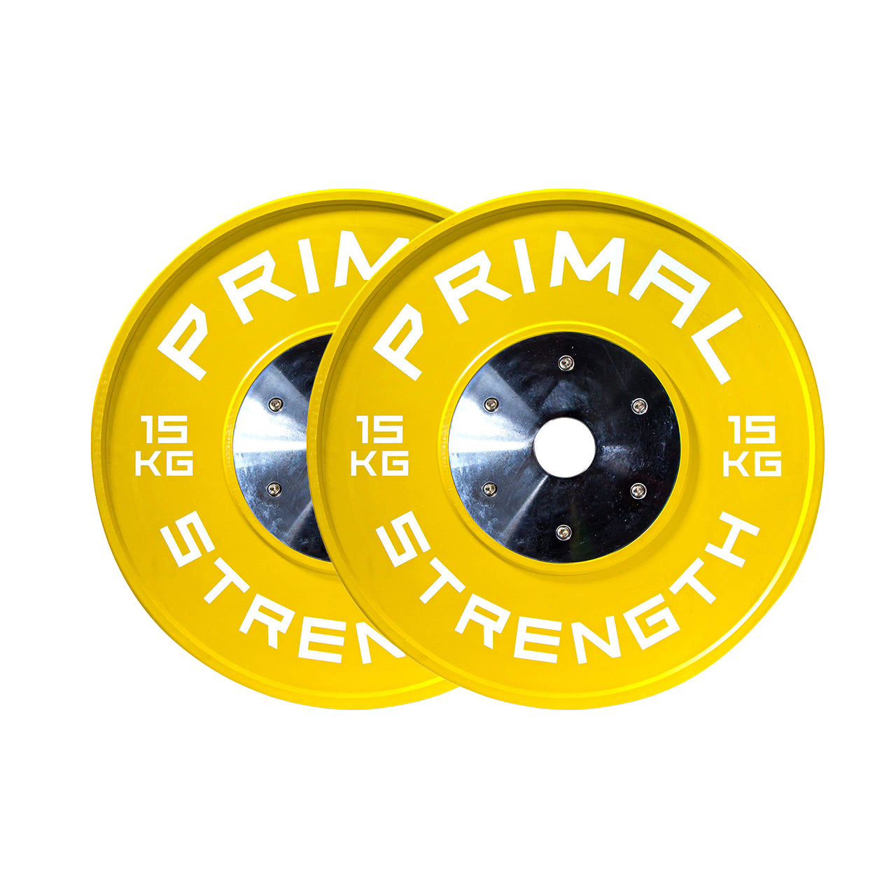 A 15kg pair of yellow rubber calibrated competition bumpers.