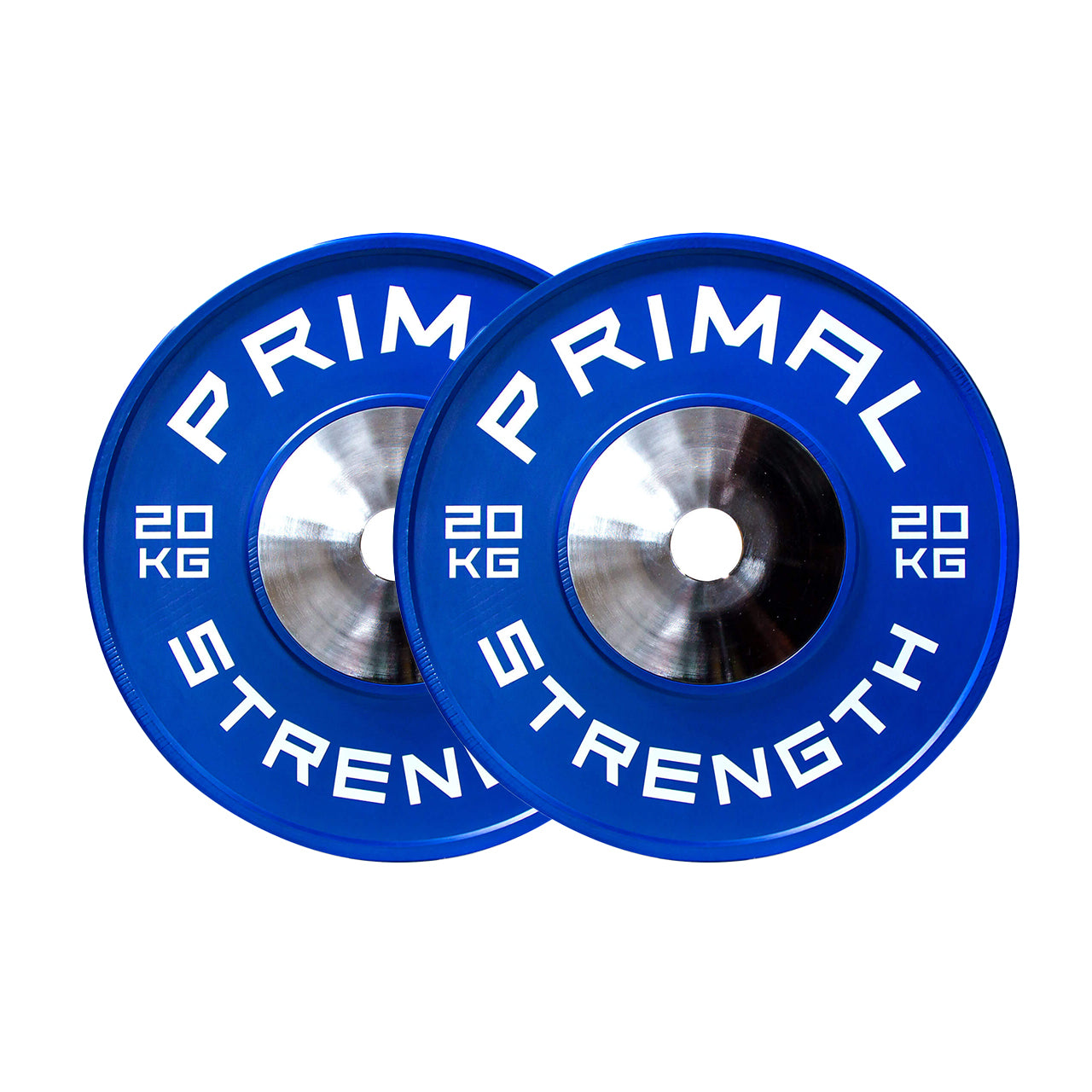 A 20kg pair of blue rubber calibrated competition bumpers.
