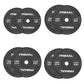A 100kg set of black rubber bumper plates with quad grip handles.