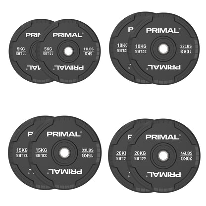 A 100kg set of black rubber bumper plates with quad grip handles.
