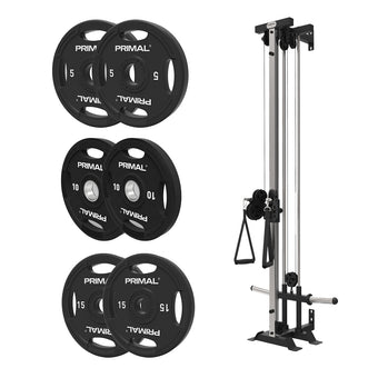 A single adjustable pulley machine with a 60kg rubber olympic weight plate set.