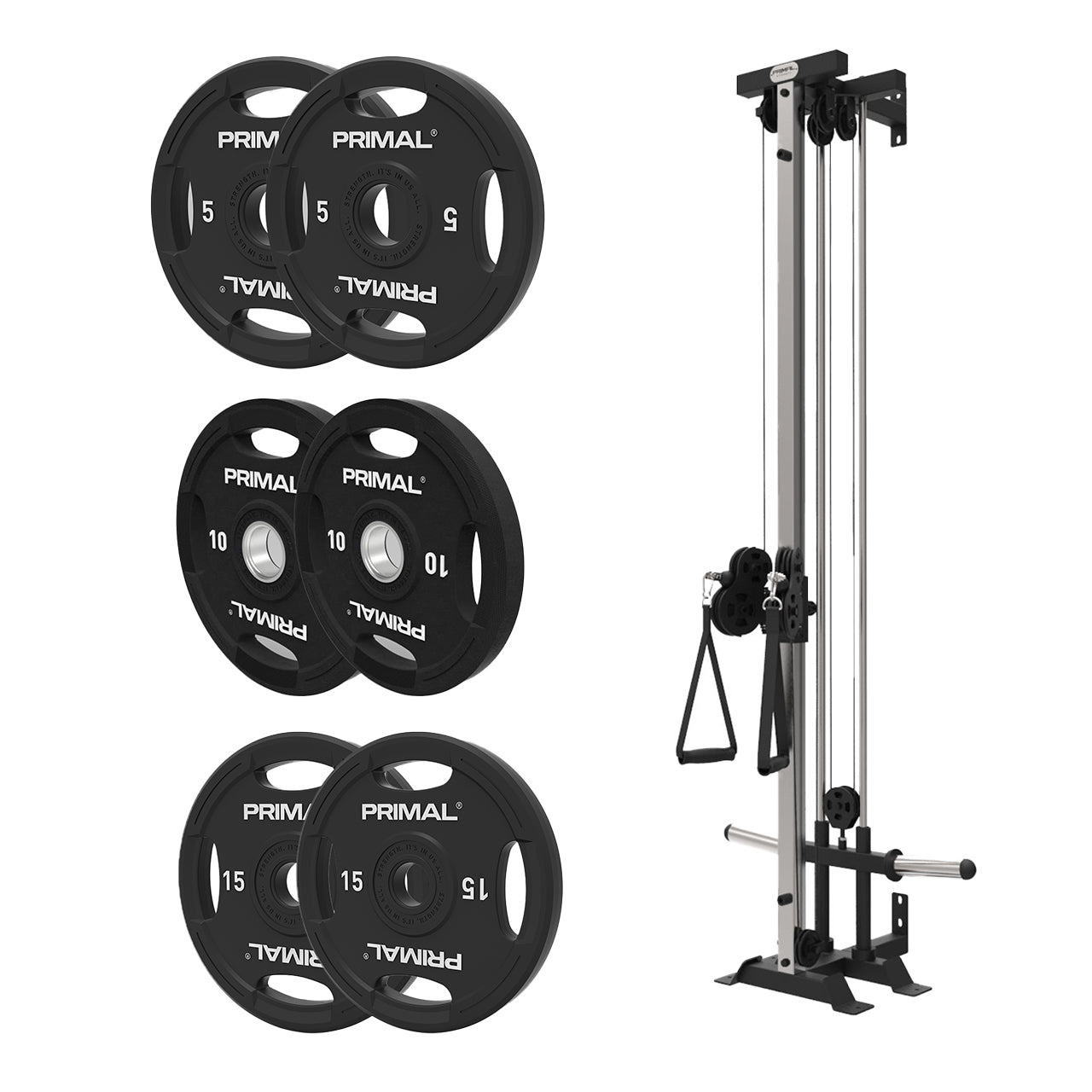 A single adjustable pulley machine with a 60kg rubber olympic weight plate set.