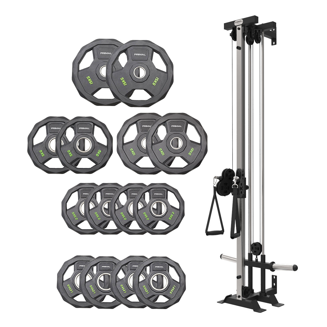 A wall mounted adjustable single pulley machine with a 75kg rubber olympic weight disc set.