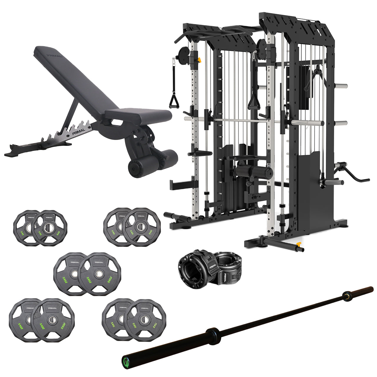 A home gym package containing a multi rack system, barbell, weight disc set, adjustable weight bench and barbell collars.