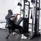 An athlete using the lat pulldown attachment on a half rack system.