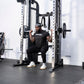 An athlete using the smith machine on a  half rack system.