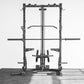 Front facing view of a half rack with barbell, bumper plates & cable attachments.