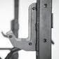 A close up of a j-hooks attachment on a half rack.
