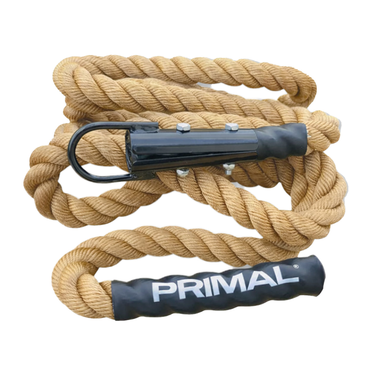 A Primal branded climbing rope which attaches to a gym rig or rack system.