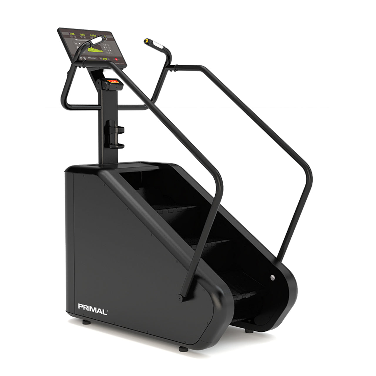 Black stair stepper with digital display on a white background, branded 'Primal'.
