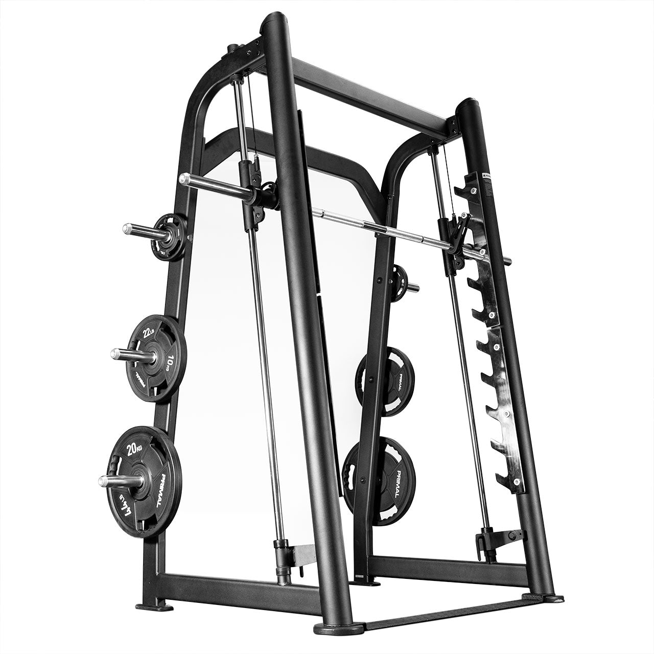 A 5-degree Olympic style smith machine loaded with olympic discs.