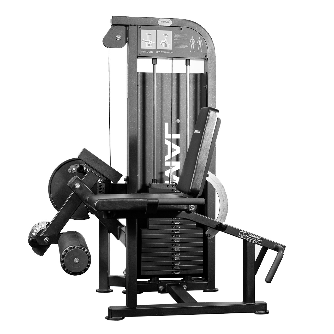 Black leg extension and prone leg curl machine with Primal logo on a white background.