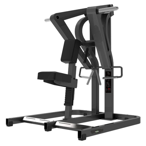 A black plate loaded low row machine.