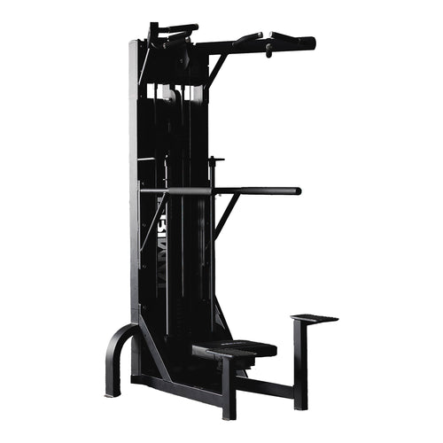 A commercial-grade dual function chin & dip machine on a white background.