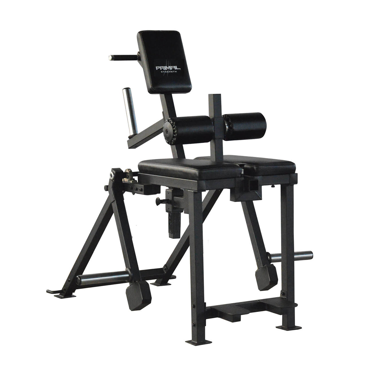 A black plate loaded nordic curl machine.