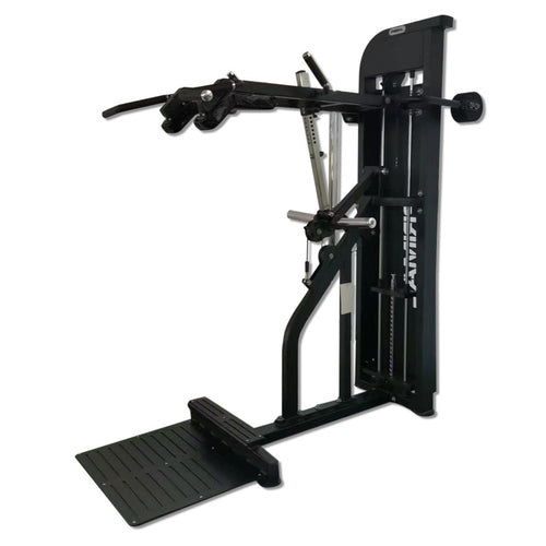 A selectorised standing calf raise and viking press machine.