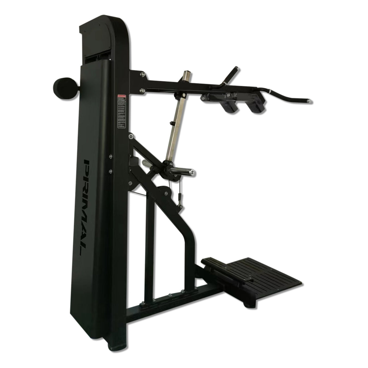 A side view of a selectorised standing calf raise & viking press machine.