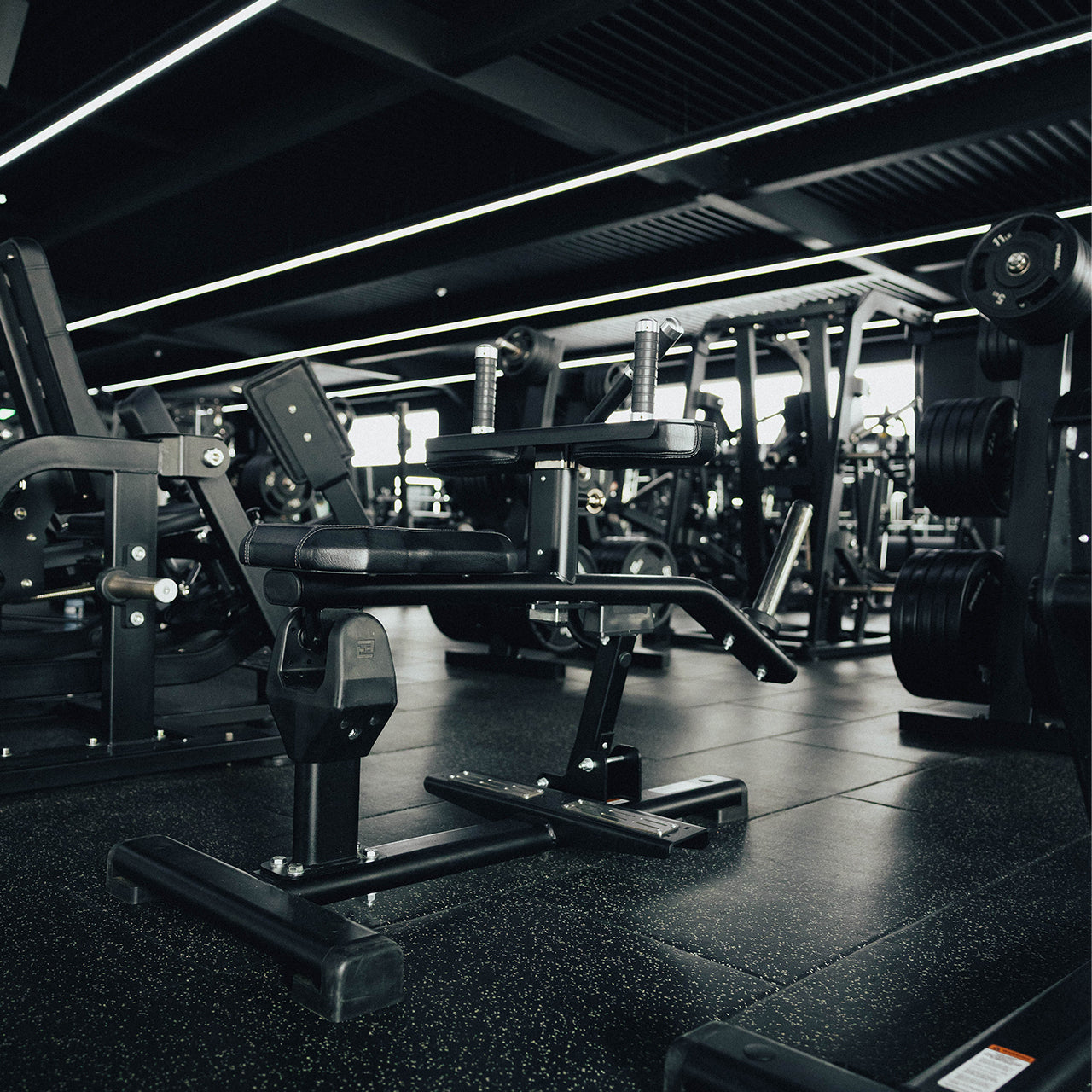 A plate loaded seated calf raise machine in a gym.