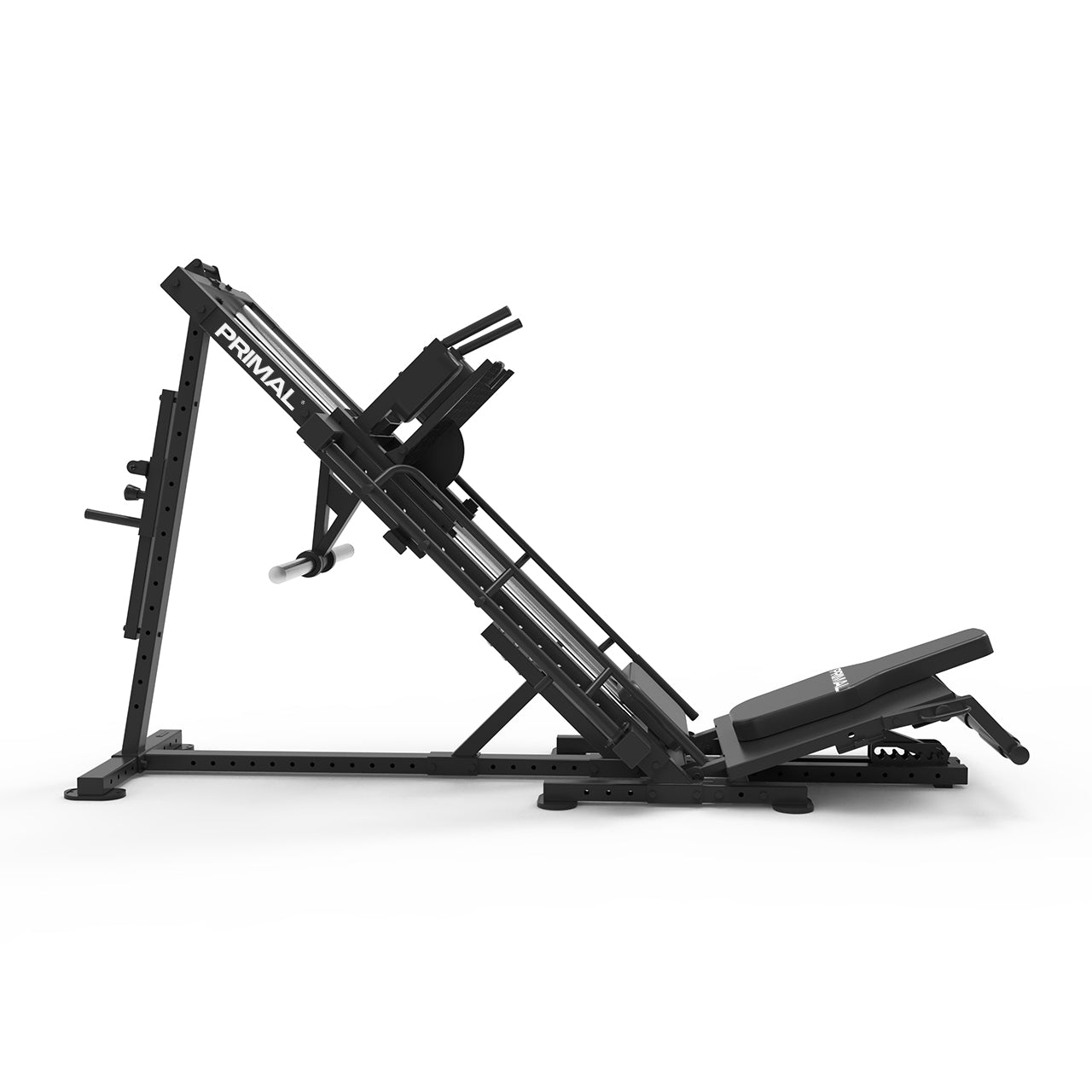 Side on view of plate loaded leg press & hack squat machine.