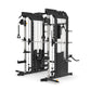 A half gym rack system complete with accessories and cable attachments.