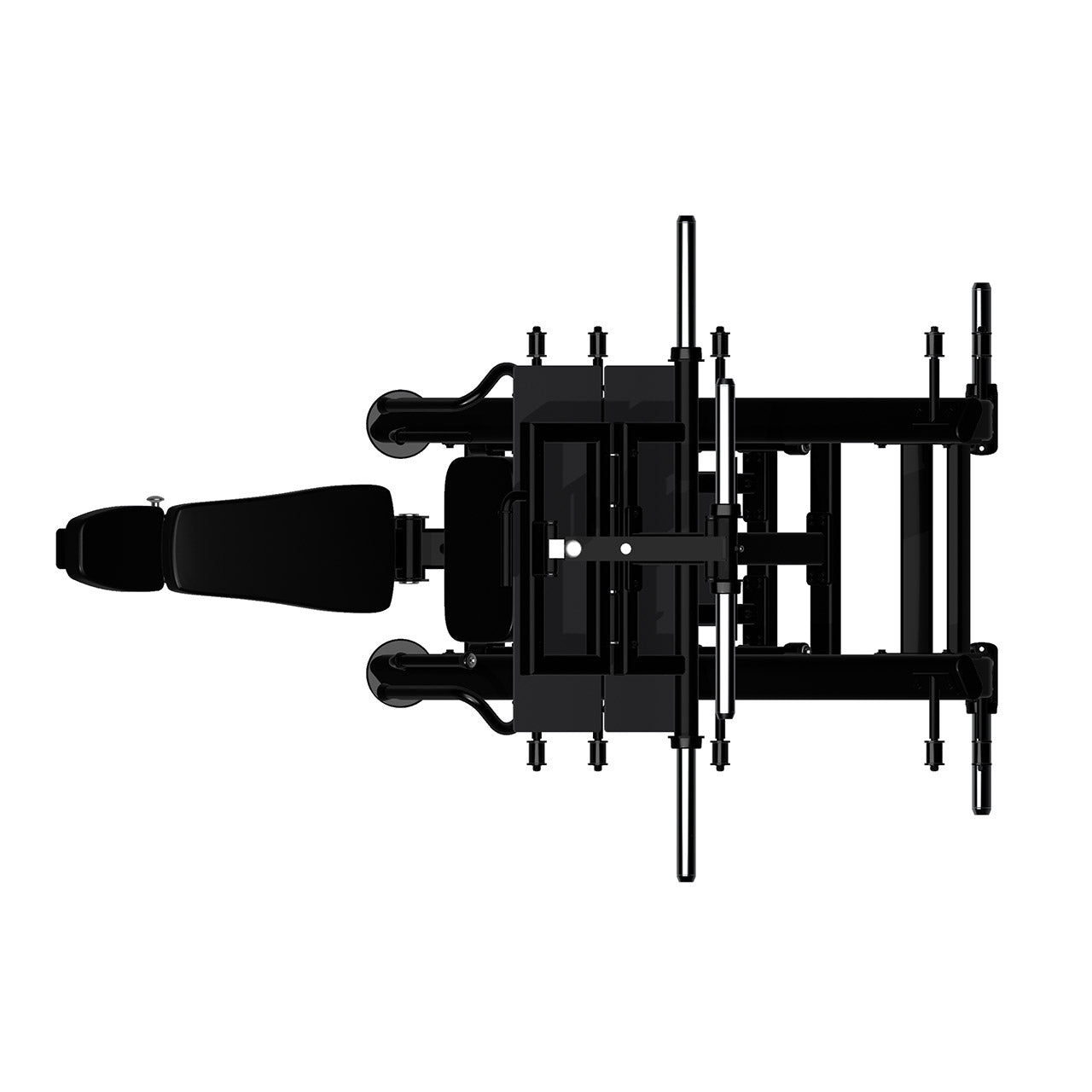 View from above of a plate-loaded 45 degree leg press machine.