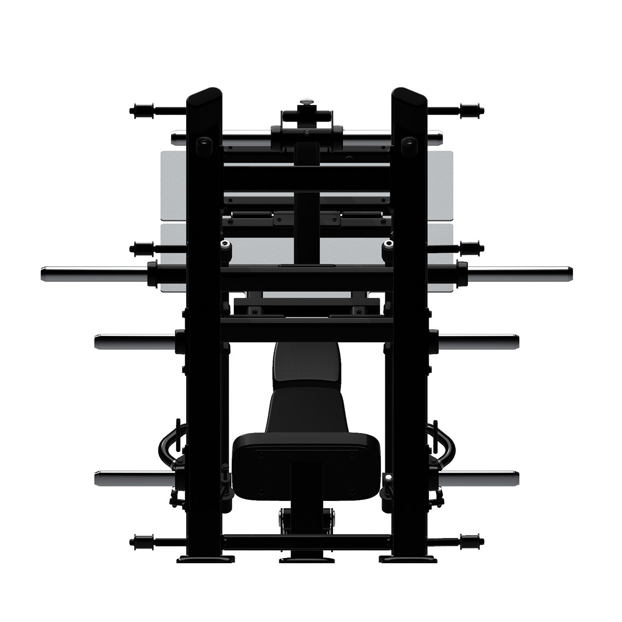 View from behind of a plate-loaded 45 degree leg press machine.