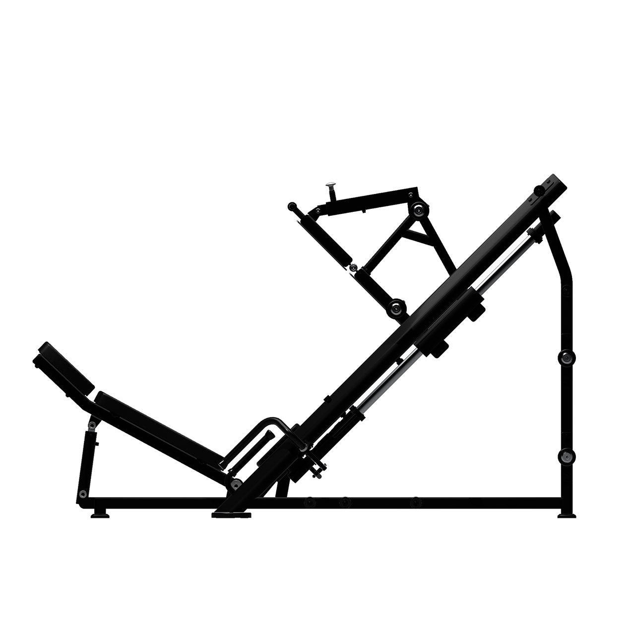 Side on view of a plate-loaded 45 degree leg press machine.