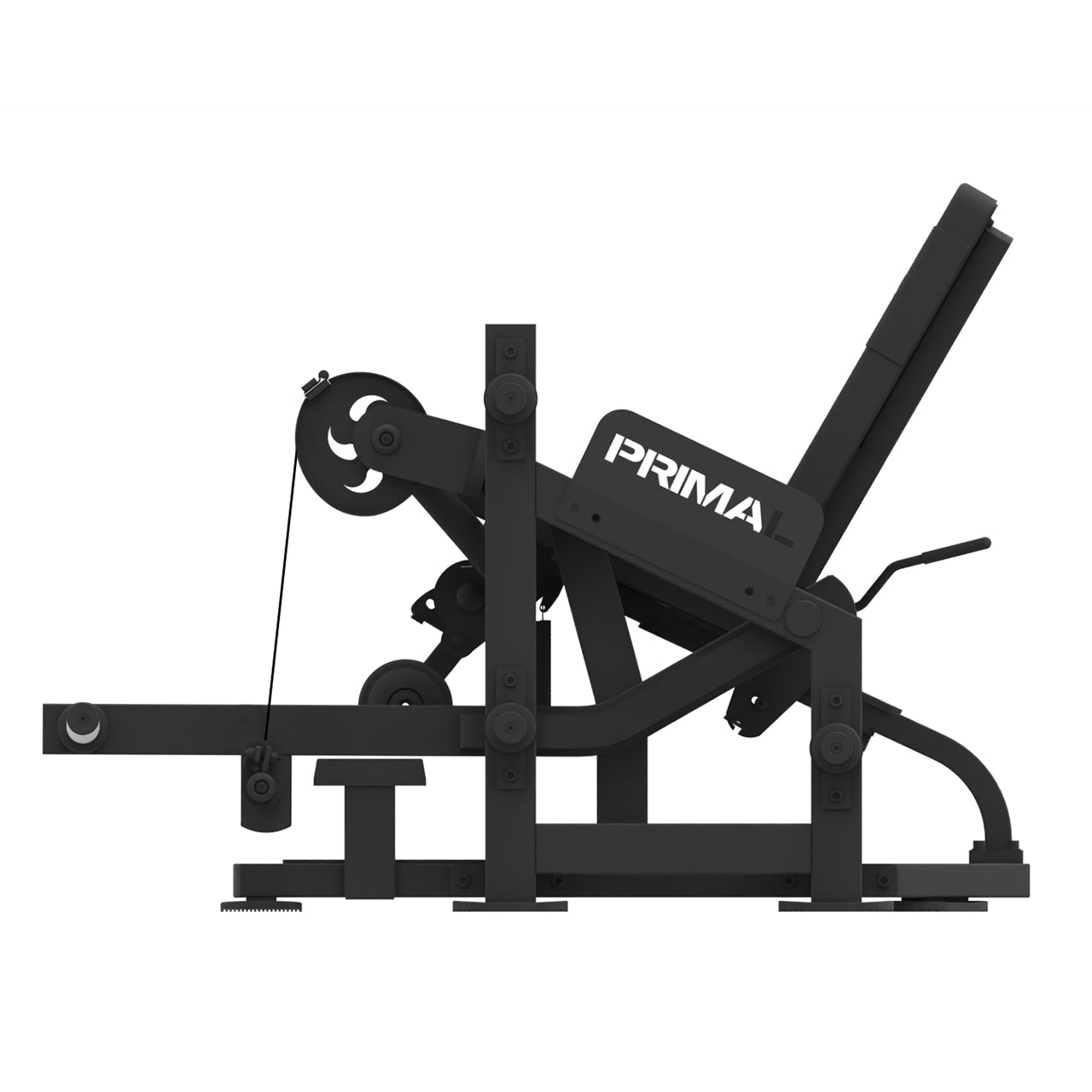 Commercial-grade plate loaded leg extension gym machine, from a side view