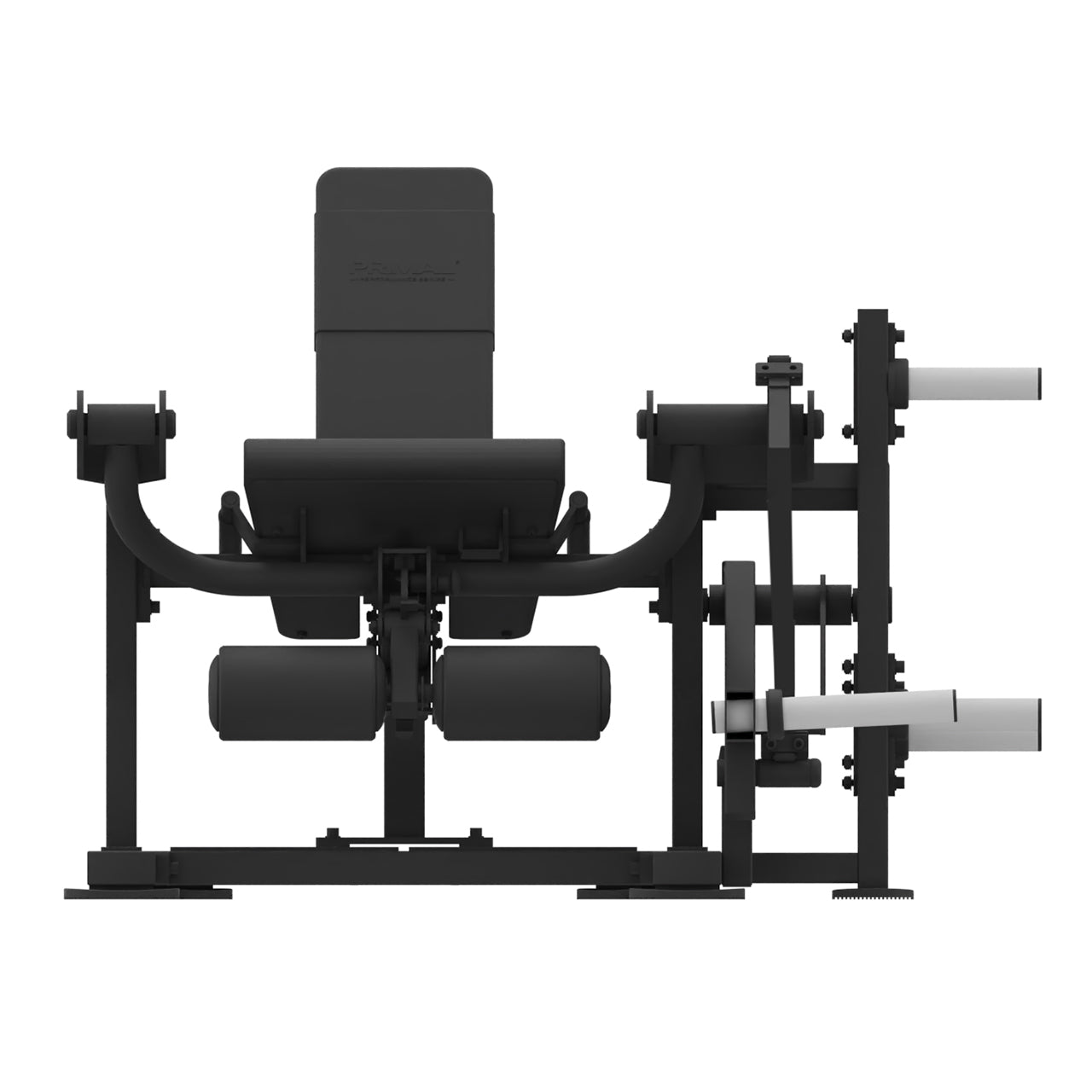 Commercial-grade plate loaded leg extension gym machine, from a front view