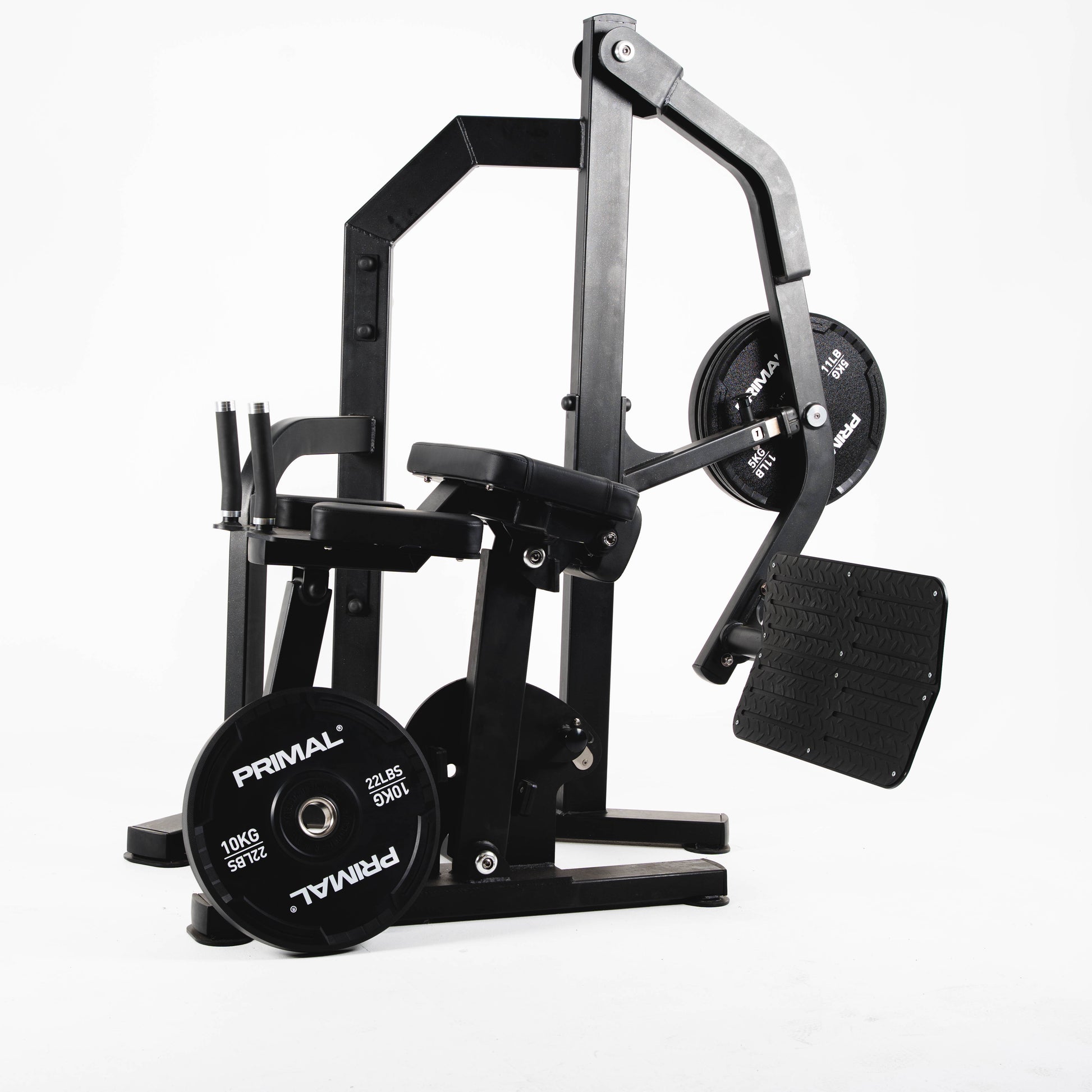 Black weightlifting machine with Primal weight plates on a white background