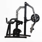 Black gym machine with weight stack on a white background