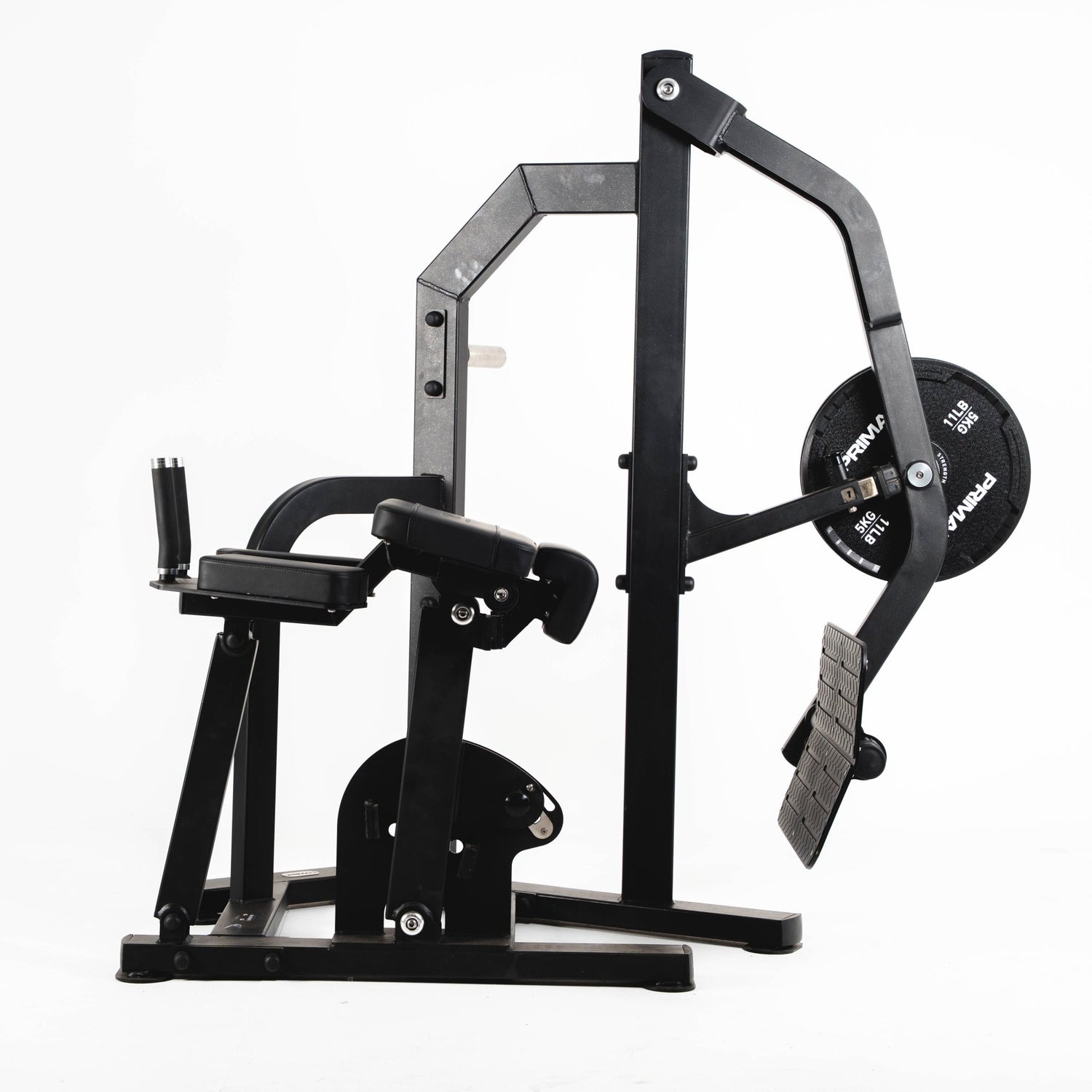 Black gym machine with weight stack on a white background