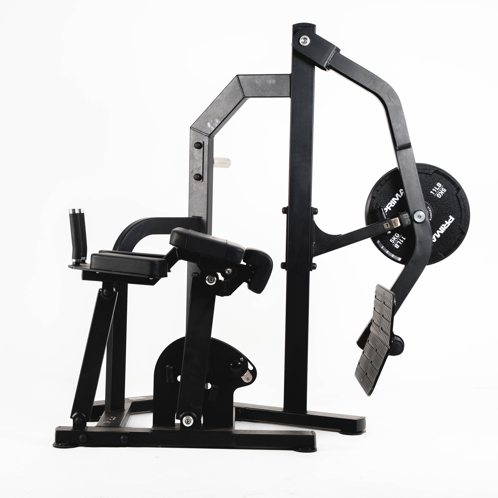 Black gym machine with weight stack on a white background